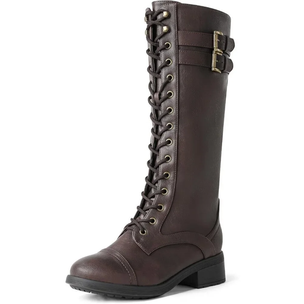 Women's Polyurethane Pu Georgia-brown Double buckle Knee High Riding Combat Boot